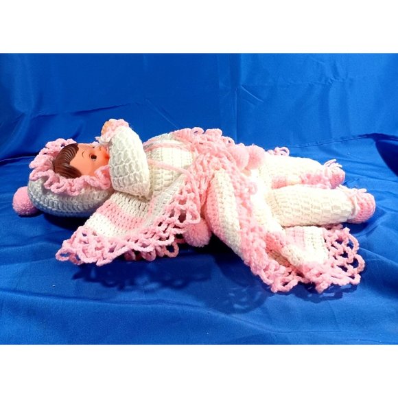 OOAK Vintage 24" Crocheted Knit  Baby Doll Face Drinking Bottle Pillow L… - Picture 8 of 9